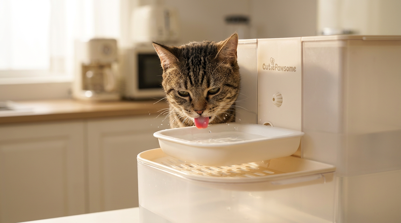 Tabby cat drinking from the ceramic bowl of the smart water fountain