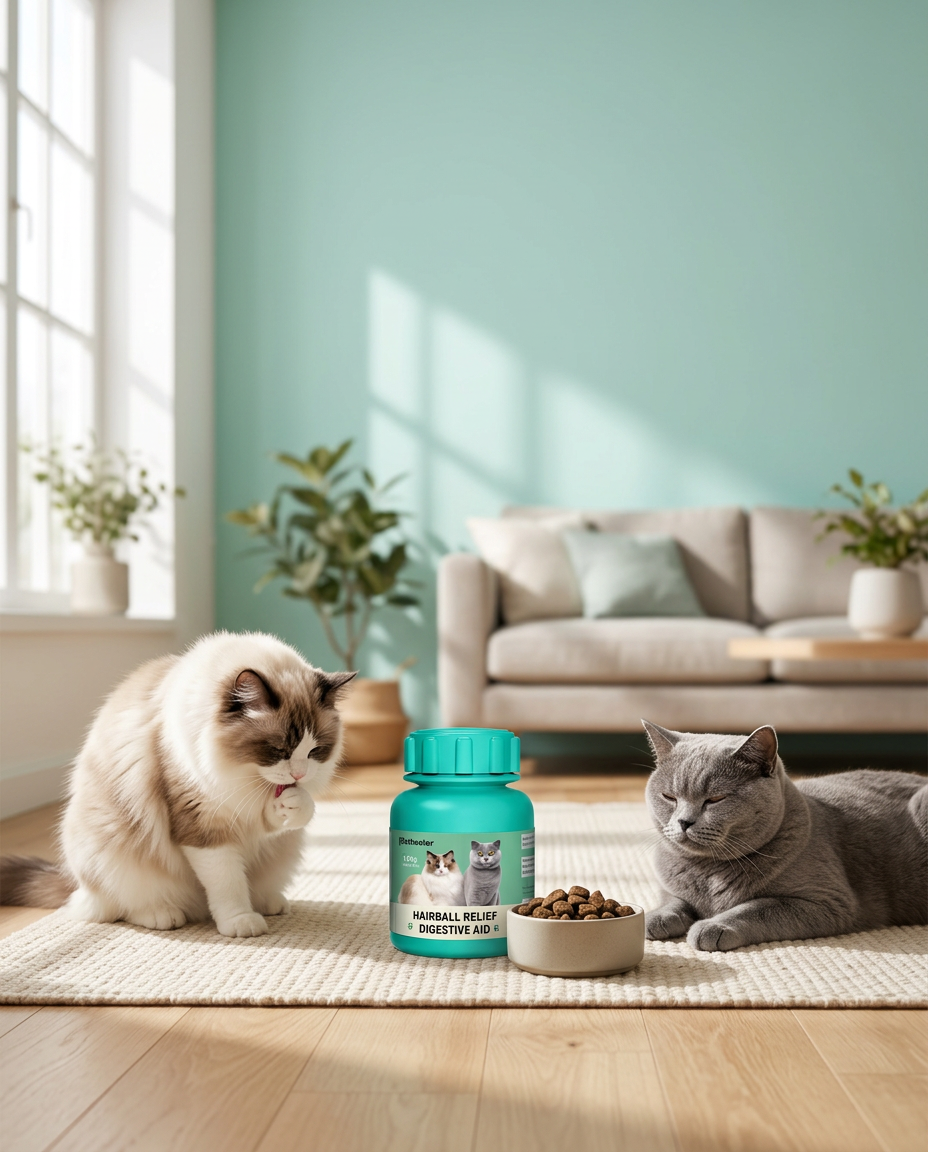 Two cats beside a bottle of Hairball Relief Digestive Aid at home