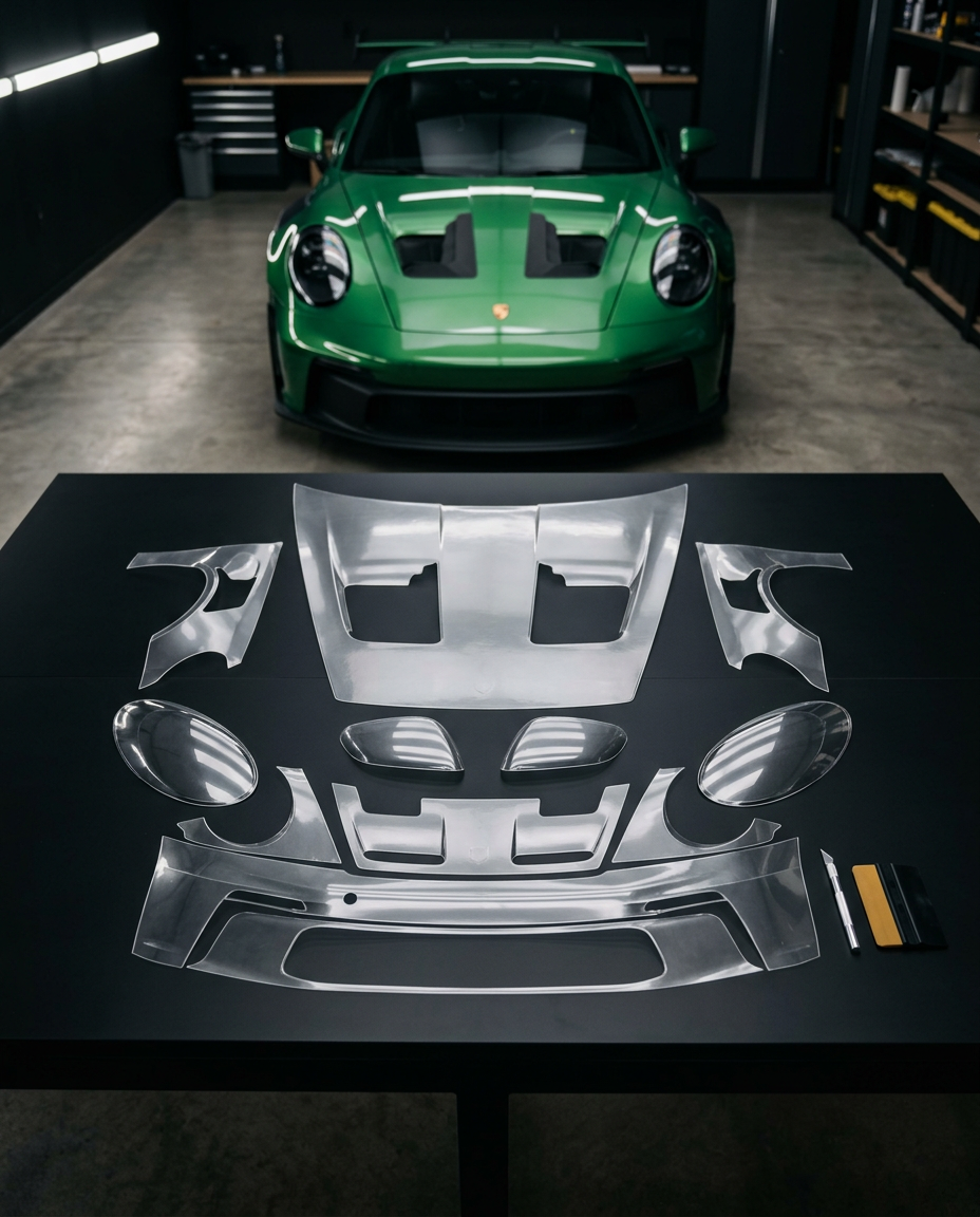 Passgenau zugeschnittene Folienteile auf einem schwarzen Arbeitstisch vor einem Porsche 911 GT3 RS