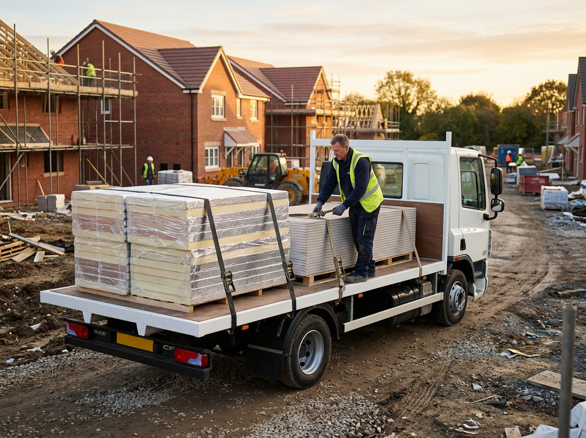Delivery lorry unloading insulation boards on a building site