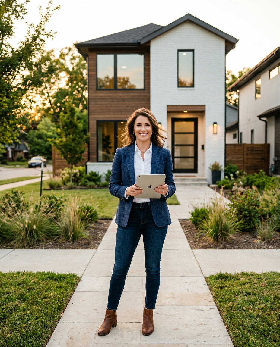 Real estate investor standing in front of a renovated home at golden hour