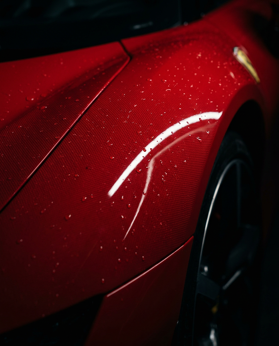Makroaufnahme des roten Kotflügels eines Ferrari mit Wasserperlen und Lichtreflexion