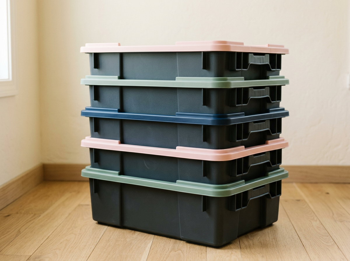 A stack of charcoal moving bins with alternating soft pink, sage and navy lids on a light oak floor