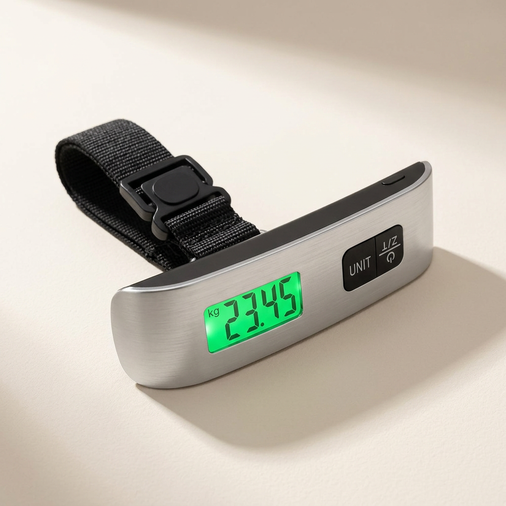 Silver digital luggage scale with green backlit display, angled view