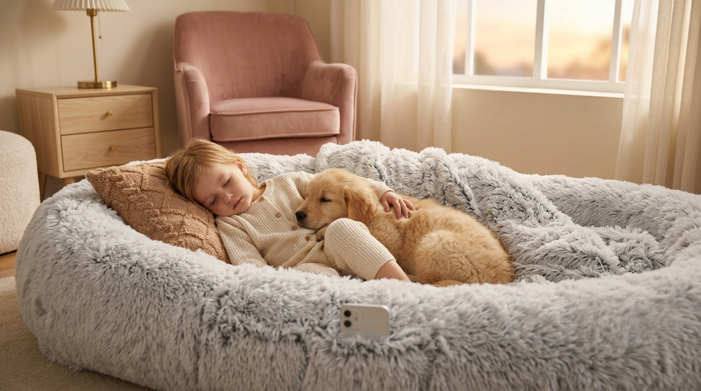 Child and golden retriever napping on a faux fur dog bed at dusk