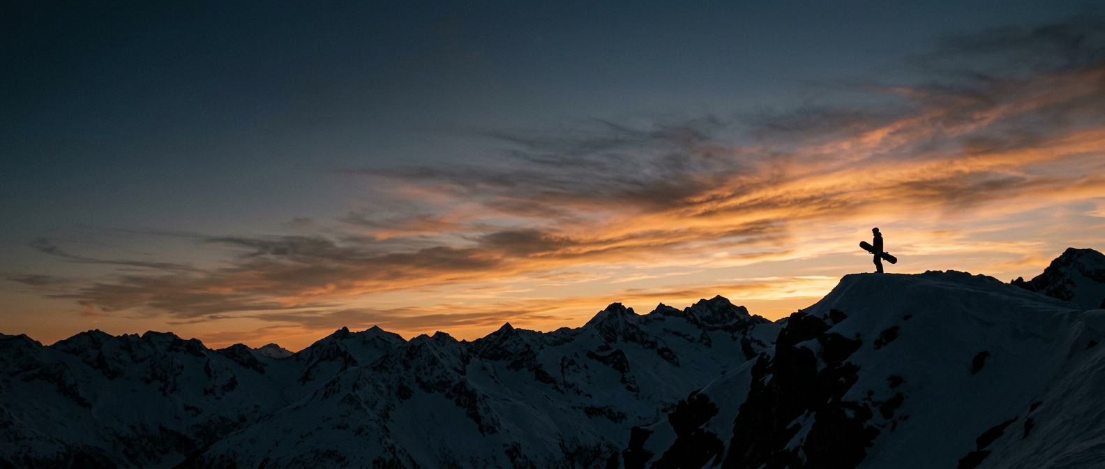 Lone snowboarder standing on a mountain ridge after sunset, board under his arm