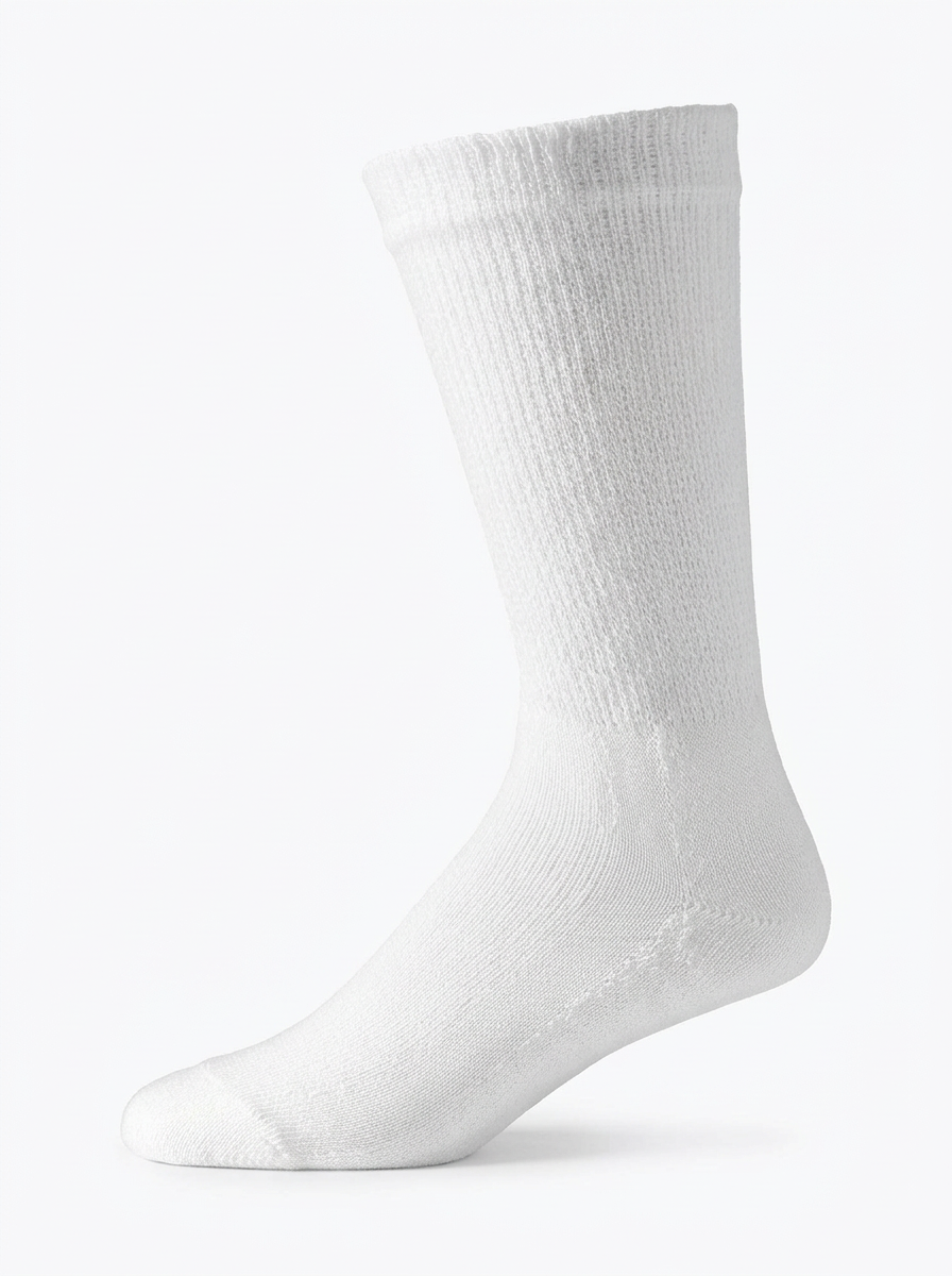 Single white cushioned diabetic crew sock shown in profile