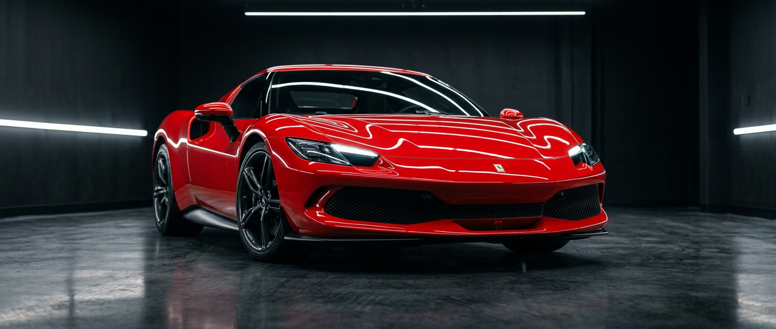 Roter Ferrari 296 GTB in Frontansicht im dunklen Studio