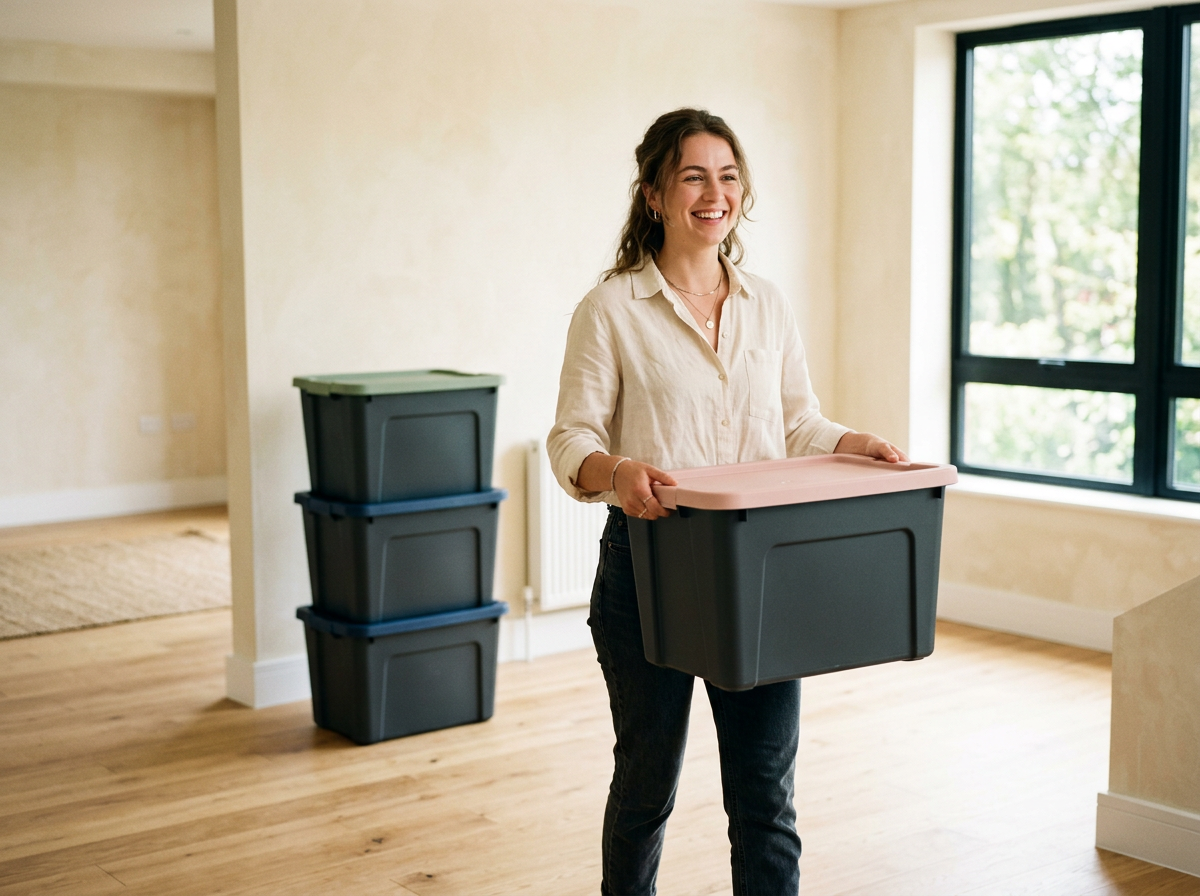 A smiling woman carrying a charcoal moving bin with a soft pink lid through a bright new living room, charcoal bins with sage and navy lids stacked behind her
