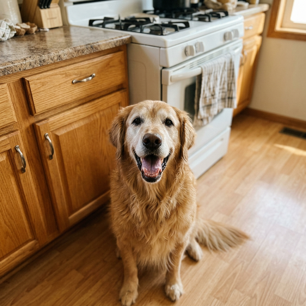 Happy senior golden retriever sitting in the kitchen
