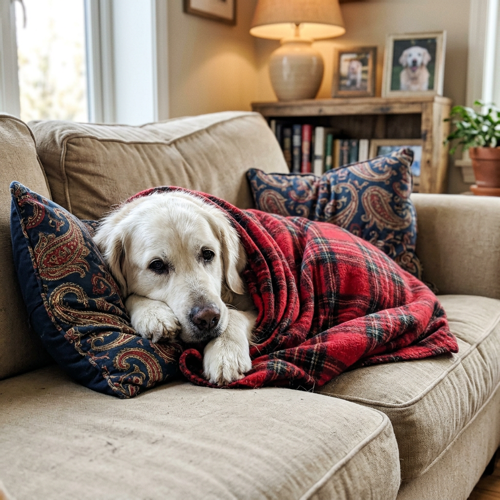 Elderly golden retriever lying on a couch under a plaid blanket