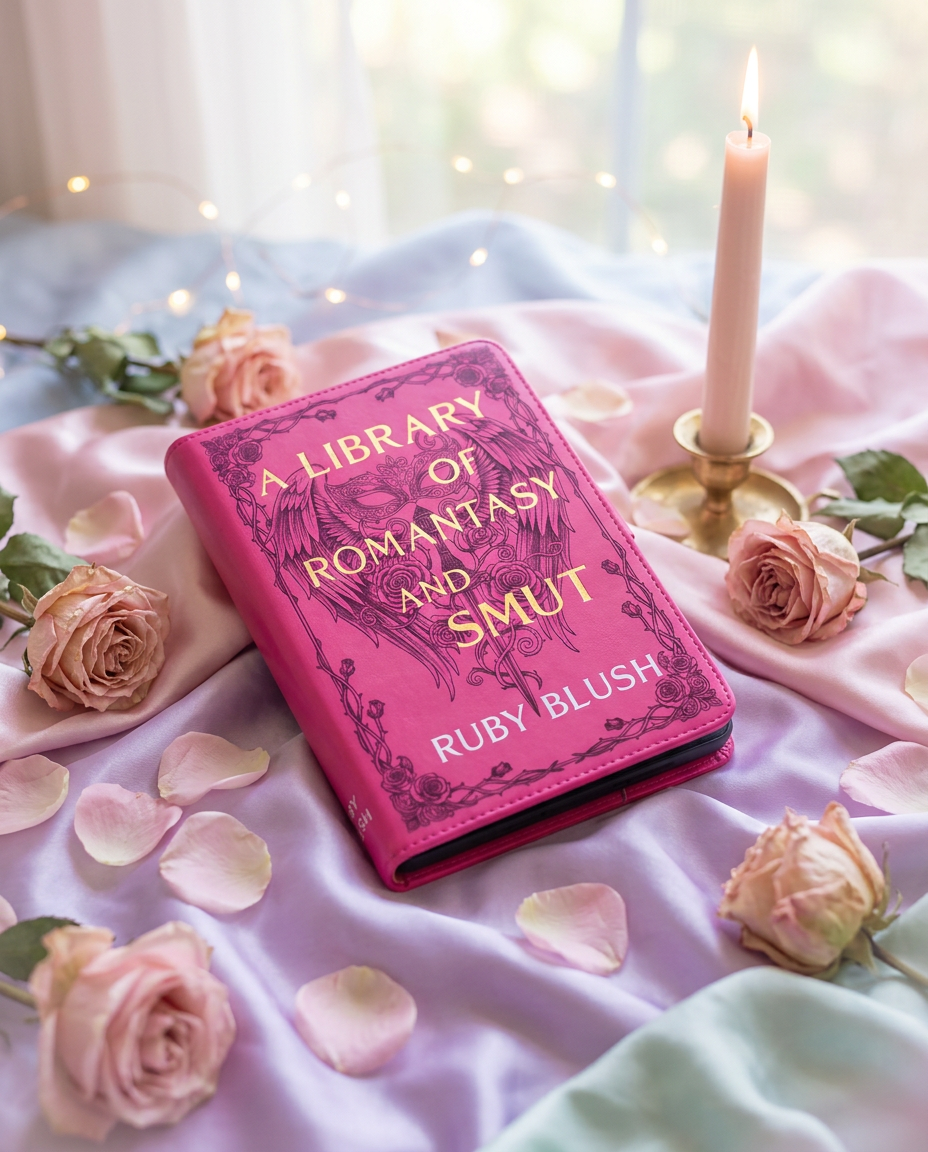 The pink romantasy book-style case on pastel satin with rose petals and candlelight