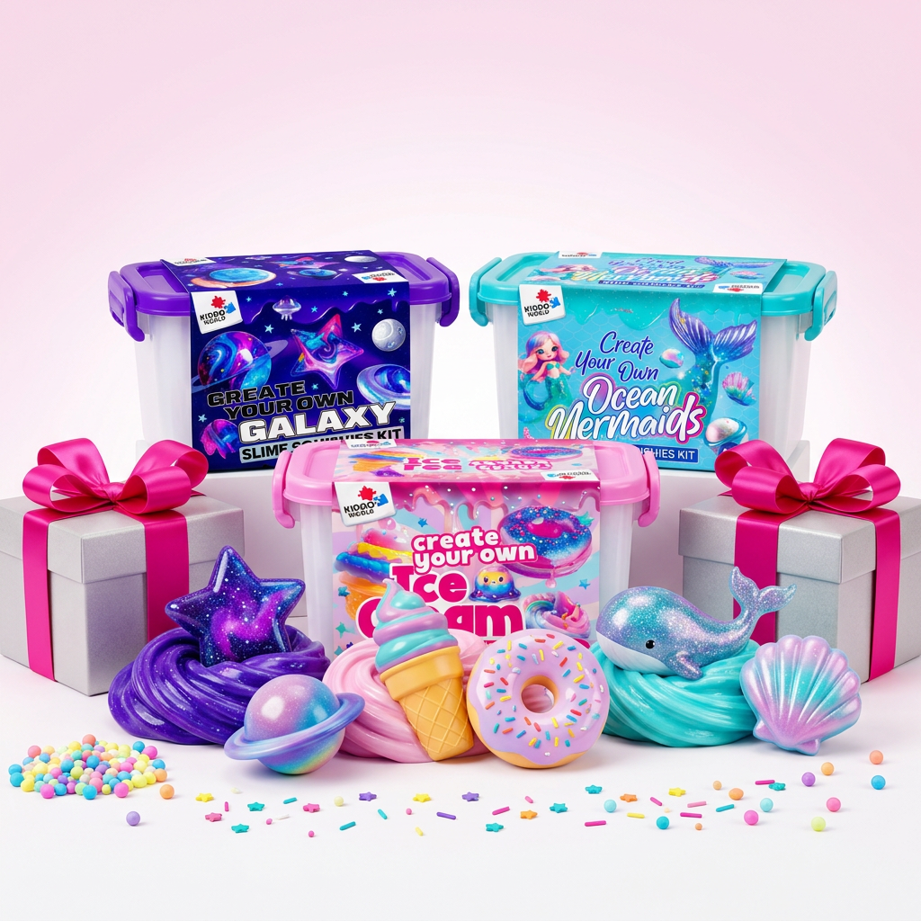 Všechny tři sady Slime Squishies – Galaxie, Zmrzlina a Mořská panna – s hotovými squishies a dvěma dárky s růžovou mašlí