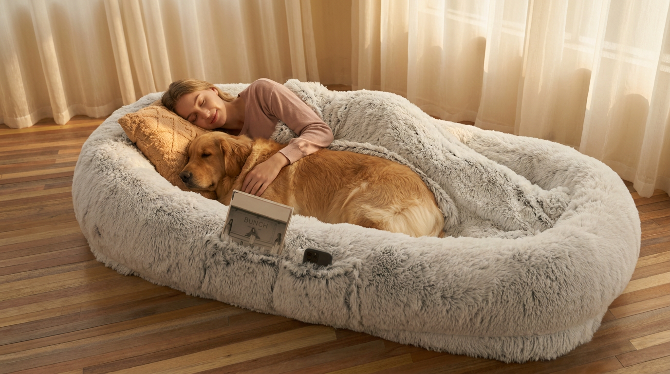 Woman and golden retriever asleep together on a faux fur human-sized dog bed