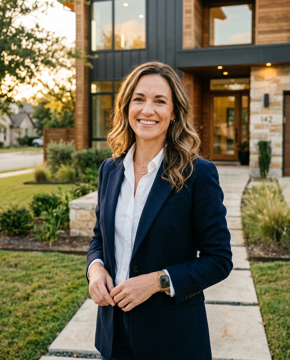 Course instructor standing in front of a newly built home