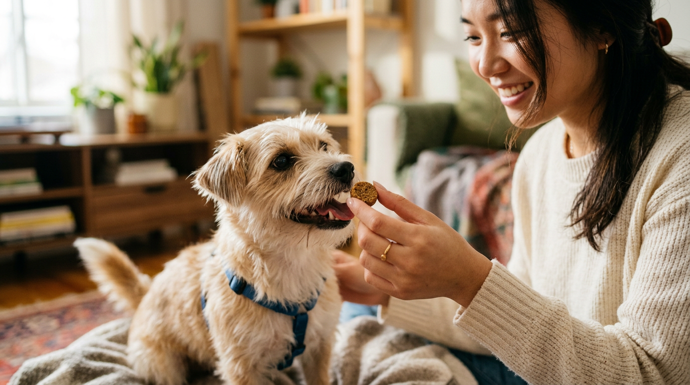 A pet owner giving a health treat to their dog at home