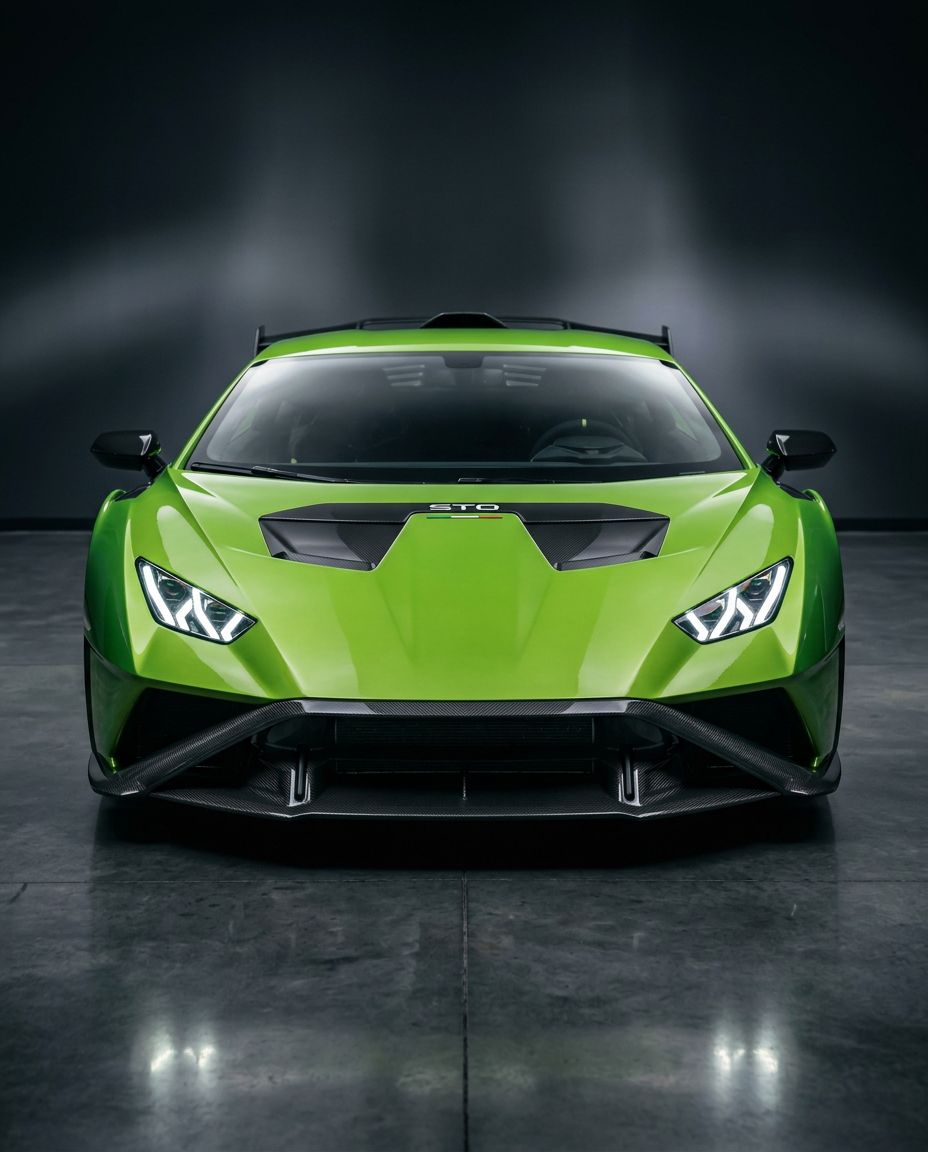 Front eines grünen Lamborghini Huracán STO im dunklen Studio