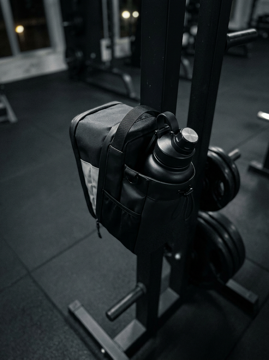 Magnetic gym bag attached to a weight plate tree