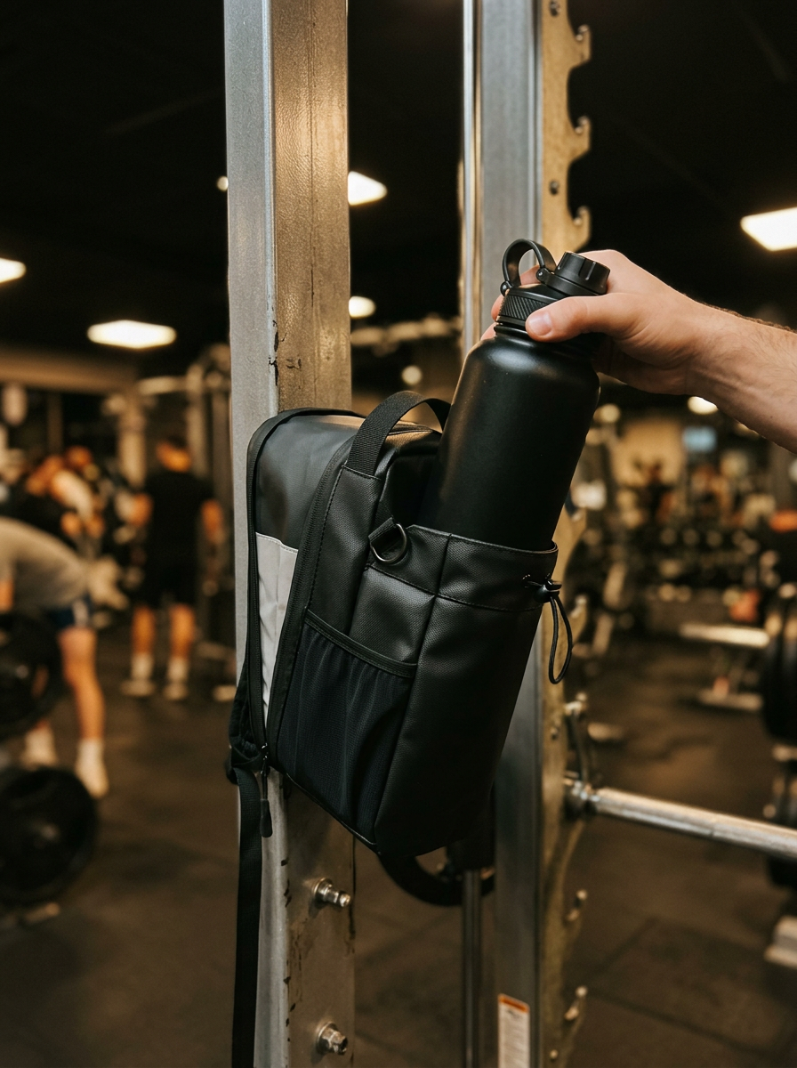 Hand taking a bottle out of the magnetic gym bag on a gym machine