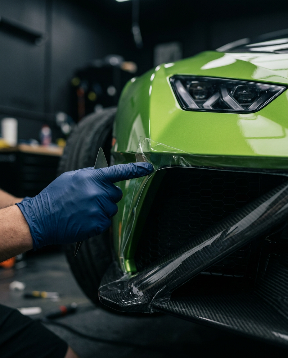 Folienkante wird am Lufteinlass eines grünen Lamborghini Huracán STO eingeschlagen