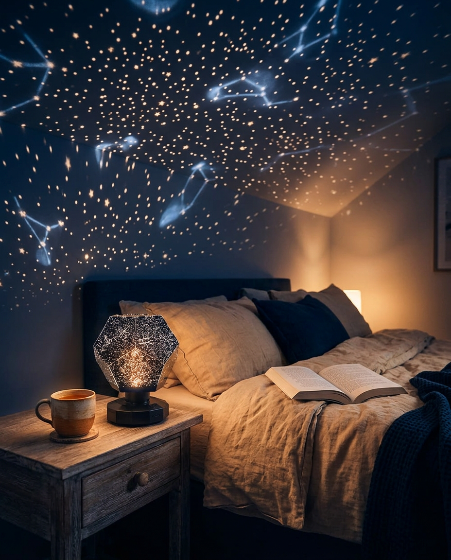 Bedroom ceiling covered in soft projected stars and constellations