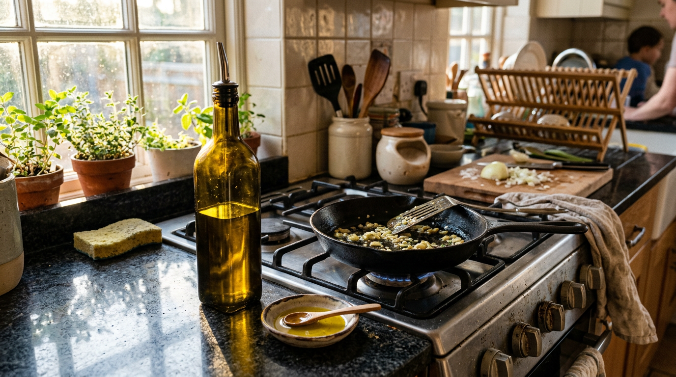 A clear glass bottle of olive oil sitting in direct sunlight right beside a hot stove in a home kitchen, where heat and light break down its polyphenols