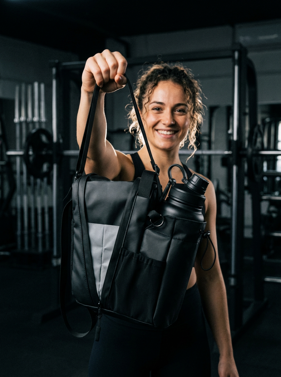 Woman holding up the black magnetic gym bag in the gym