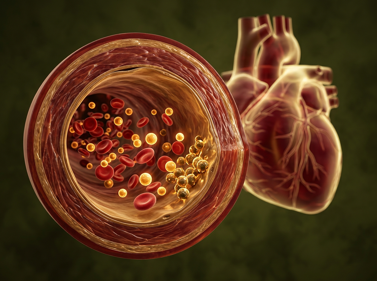 Medical illustration of an artery cross-section carrying blood cells and lipid particles, some oxidized, beside a human heart