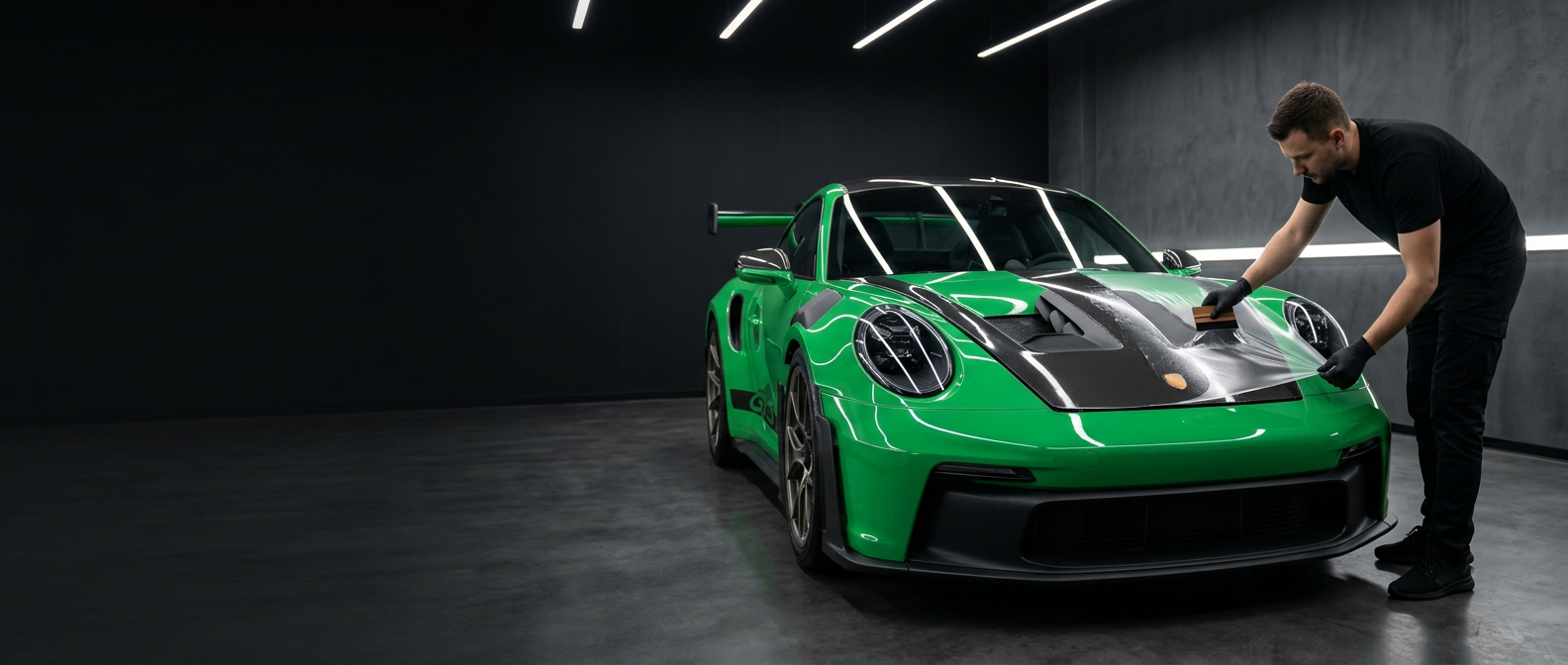 Techniker bringt mit einer Rakel transparente Lackschutzfolie auf die Fronthaube eines grünen Porsche 911 GT3 RS auf