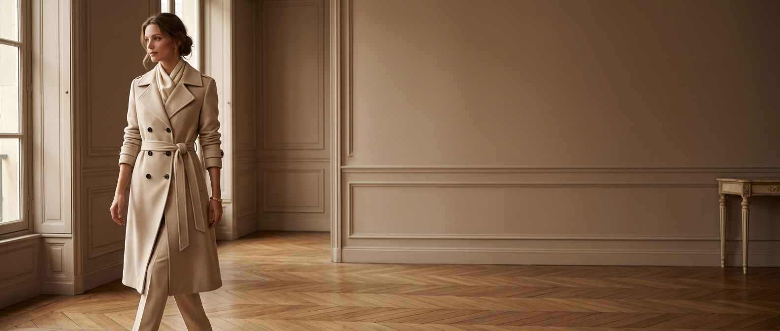 Model walking in a long belted beige coat in a warm taupe interior