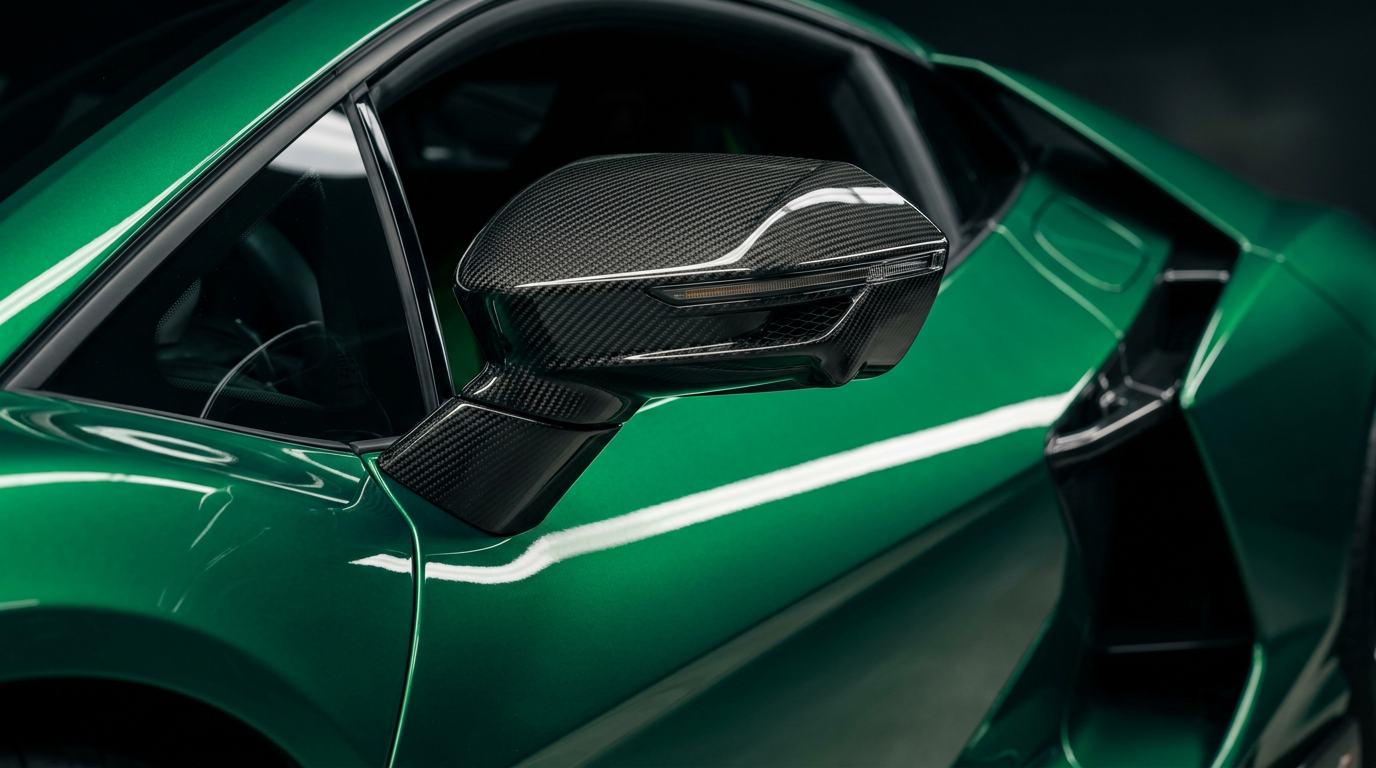 Carbon-Außenspiegel an einem grünen Lamborghini Revuelto