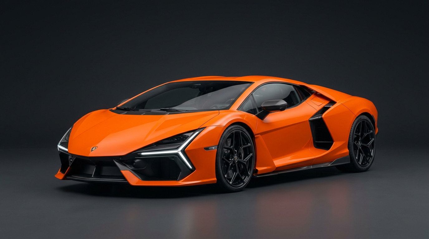 Lamborghini Revuelto in Orange in 3/4-Frontansicht vor dunklem Studiohintergrund
