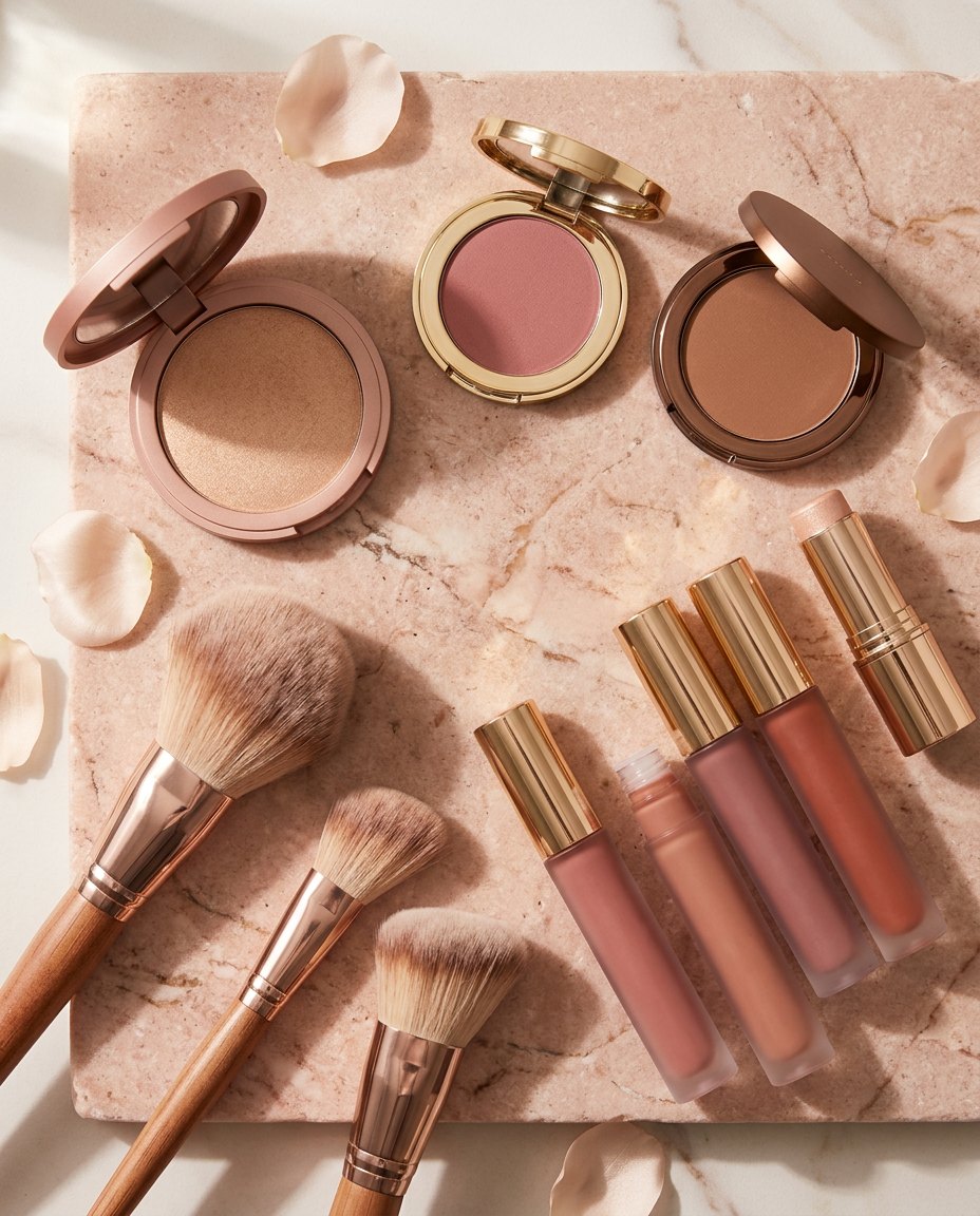 Powder compacts, brushes and liquid lipsticks on blush stone