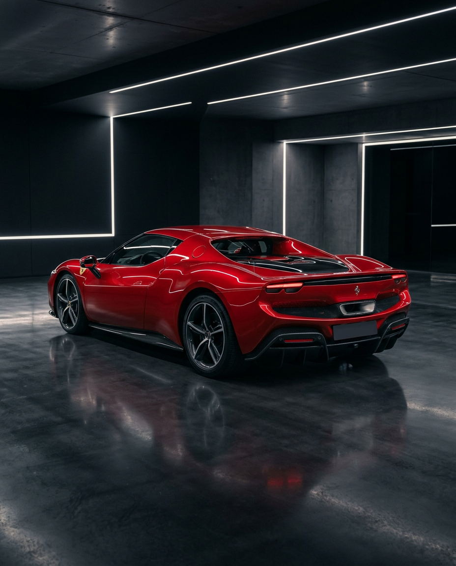 Roter Ferrari 296 GTB in Heckansicht in einem dunklen Studio