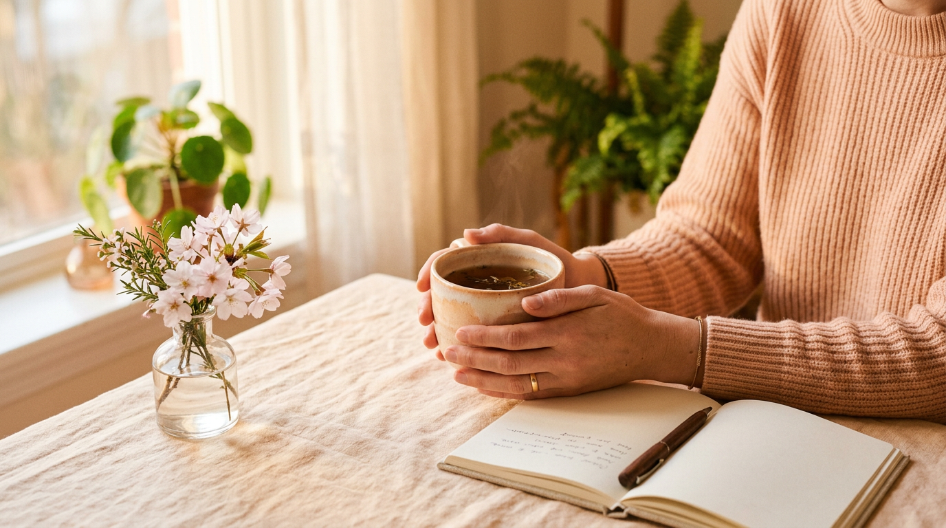 Hände halten eine Tasse Kräutertee neben Notizbuch und Blüten im Morgenlicht