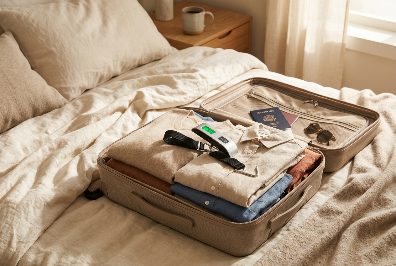 Open suitcase being packed on a bed with a passport and the digital luggage scale