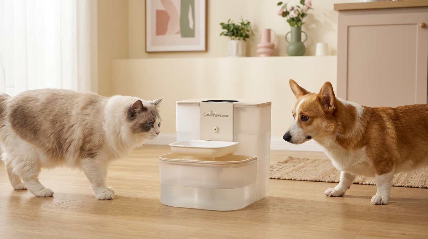 Ragdoll cat and corgi walking up to a cream smart water fountain in a bright kitchen