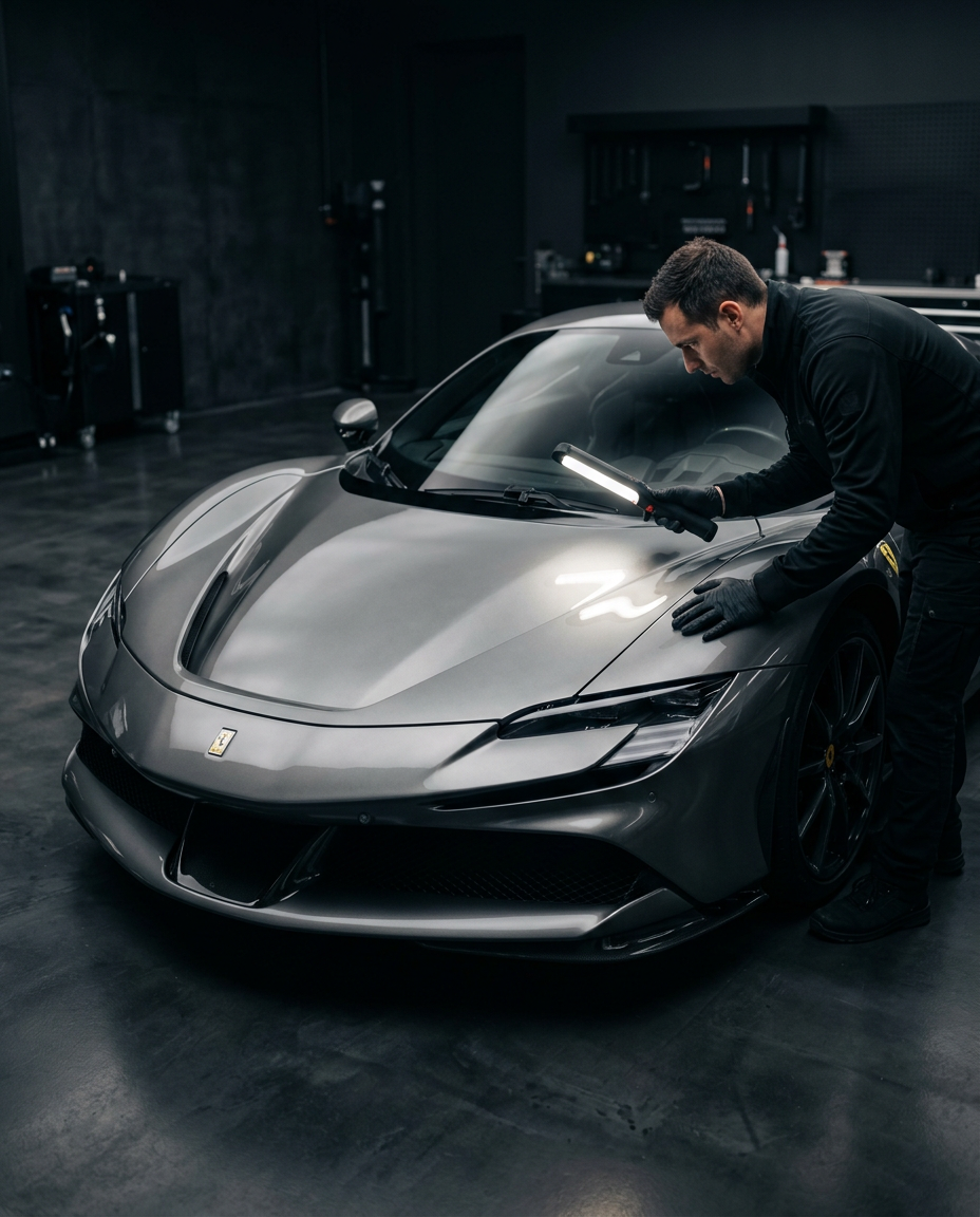 Kontrolle der folierten Front eines Ferrari SF90 mit LED-Prüfleuchte
