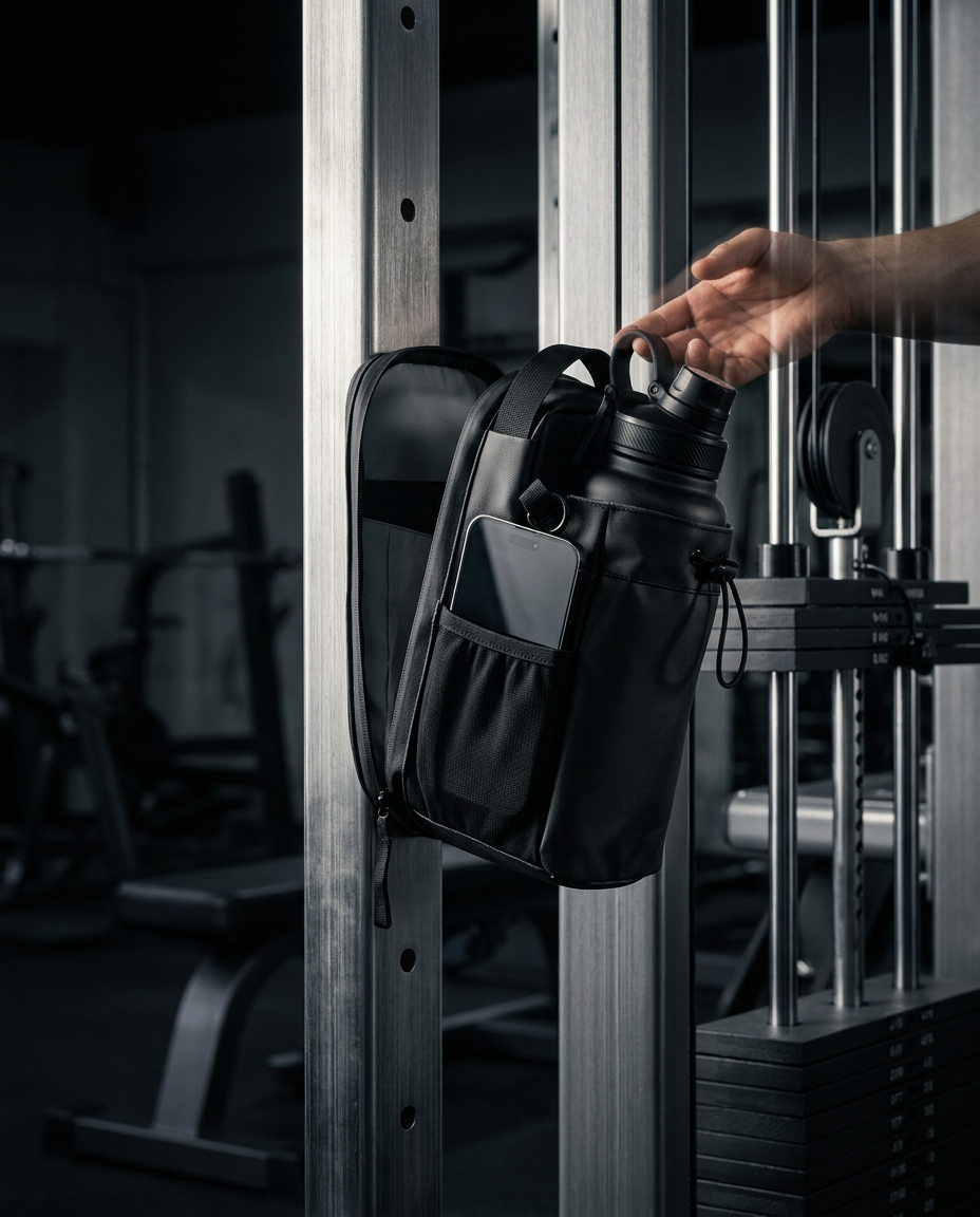 Hand snapping the black magnetic gym bag with a phone and bottle onto a steel cable machine