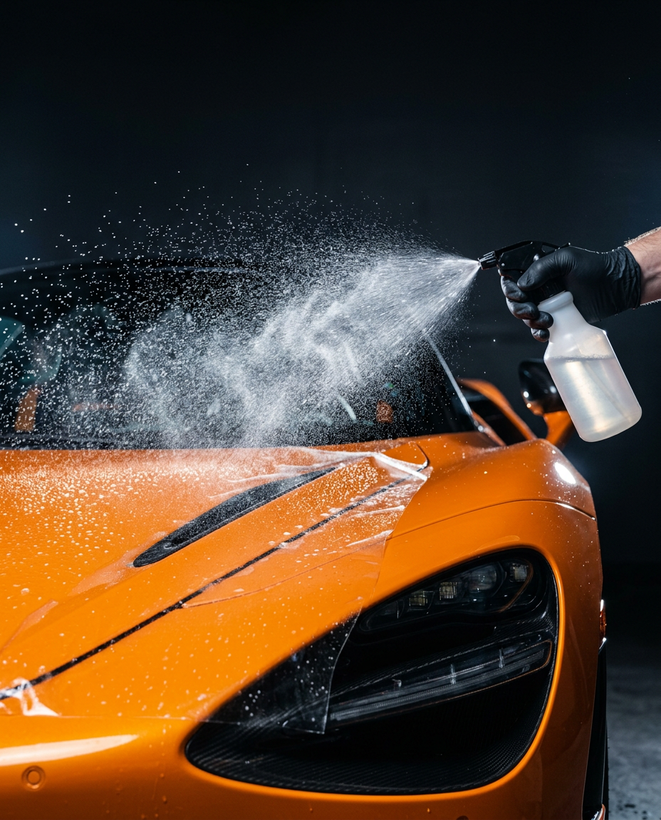 Montagelösung wird auf die Folie auf der Motorhaube eines McLaren 750S in Papaya-Orange gesprüht
