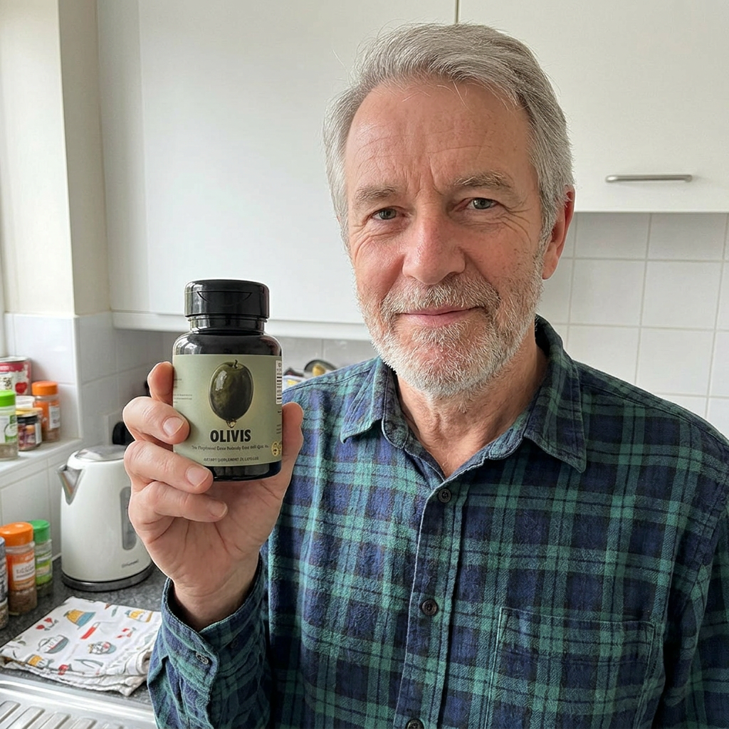 Richard, 63, smiling in his kitchen holding a bottle of Olivis