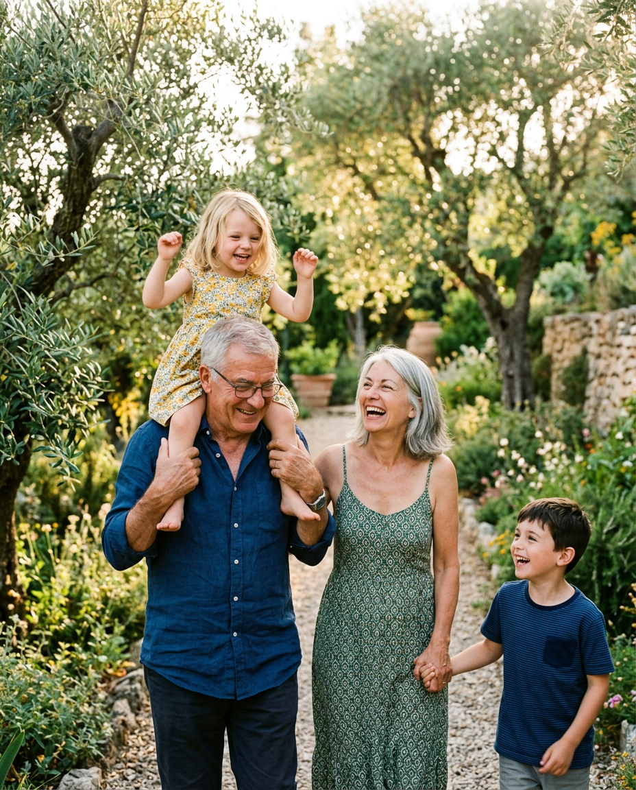 Smiling grandparents walking through a sunny olive garden with their two laughing grandchildren, one riding on grandpa's shoulders