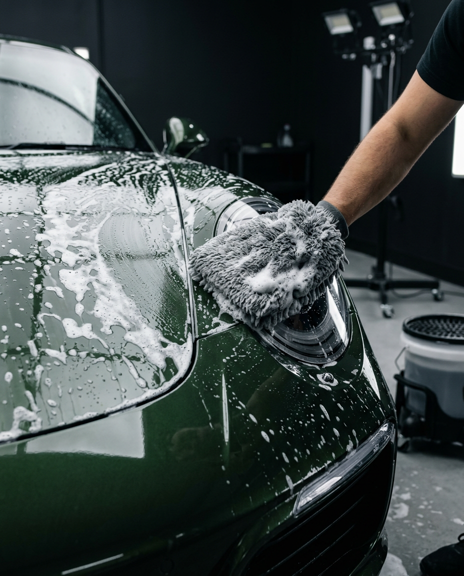 Schonende Handwäsche mit Waschhandschuh am Kotflügel eines dunkelgrünen Porsche 911