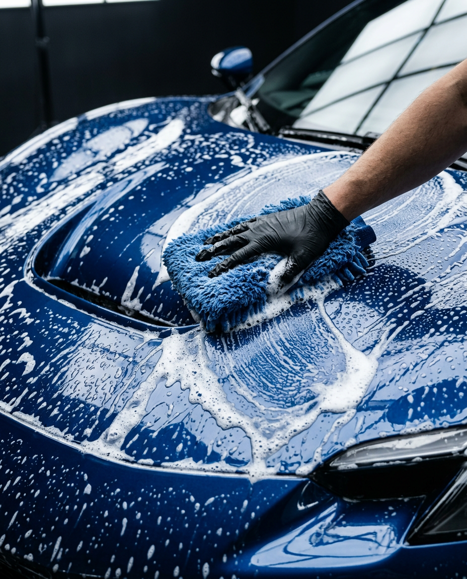 Schonende Handwäsche mit Schaum auf der Motorhaube eines blauen Ferrari 296 GTB
