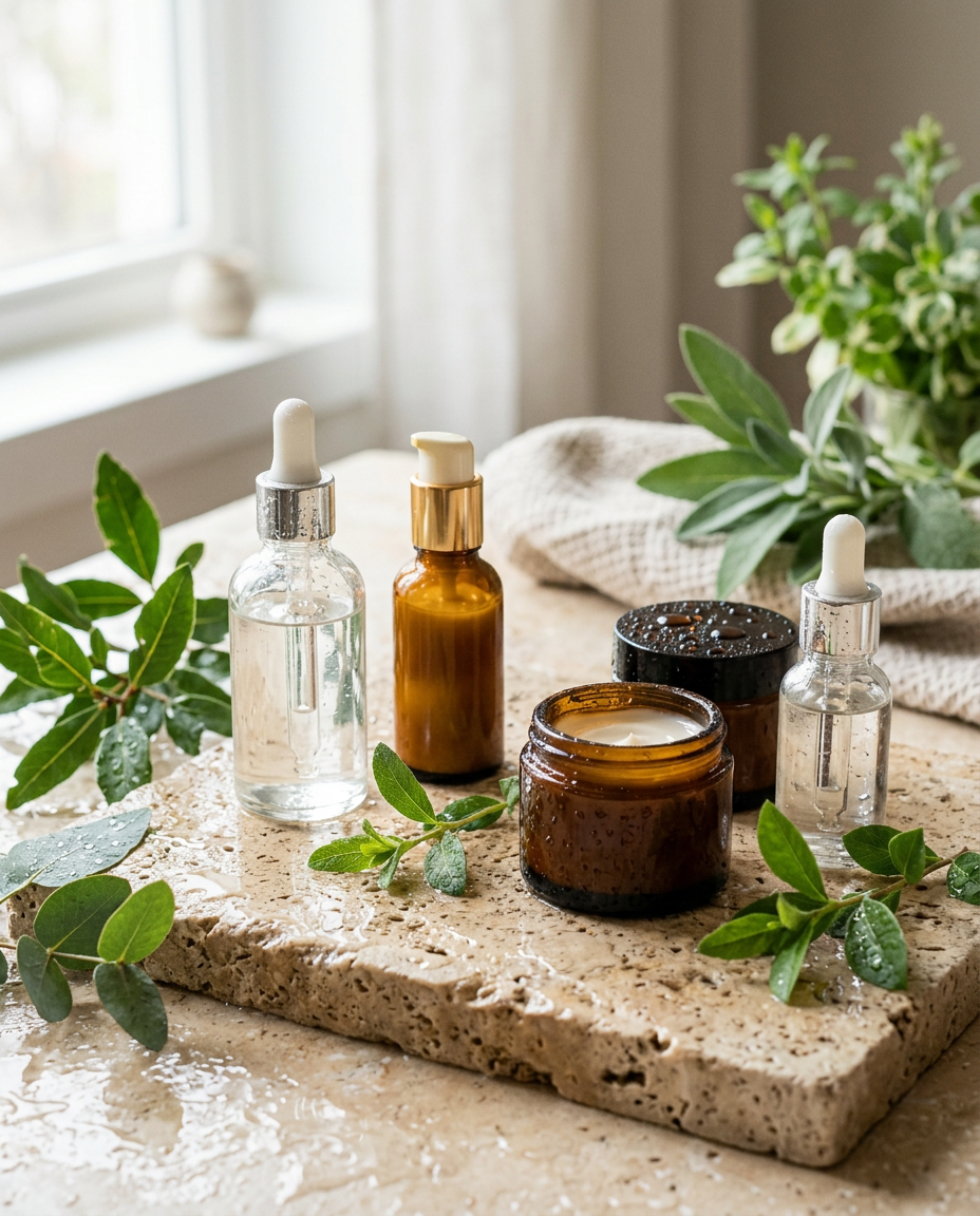 Glass skincare bottles on wet travertine with green leaves