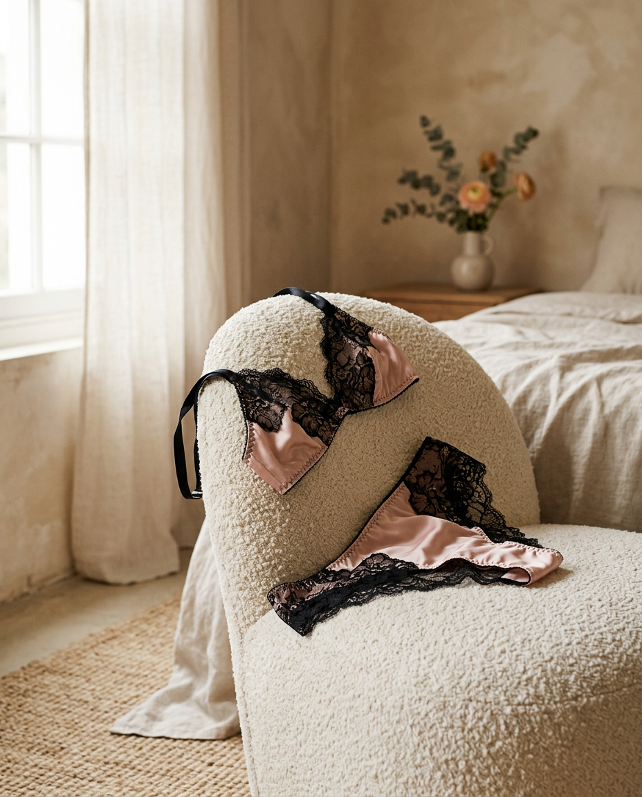 Blush and black lace lingerie draped over a cream chair