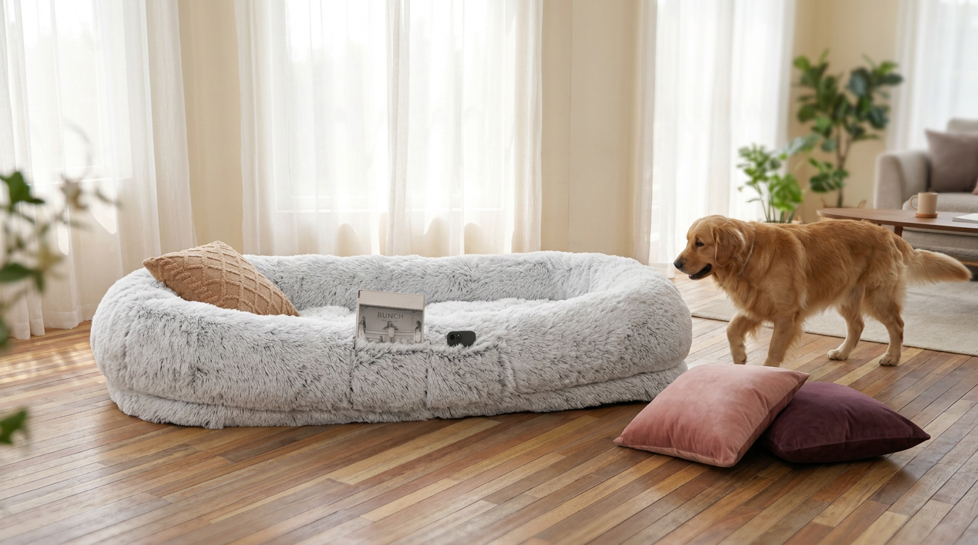 Golden retriever walking toward an oversized gray faux fur dog bed in a bright living room