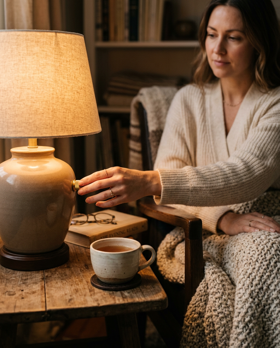 Hands adjusting a warmly glowing table lamp in a cozy evening reading nook