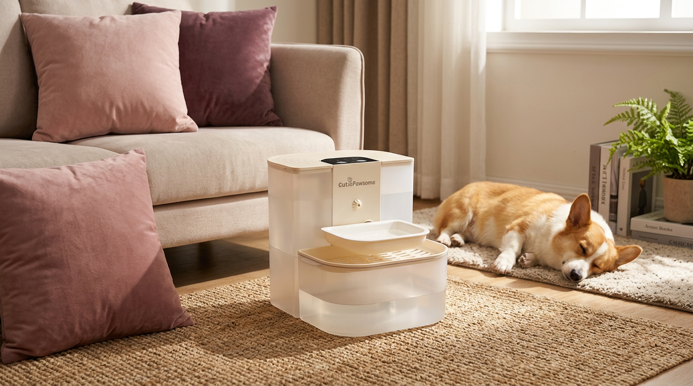 Cordless smart water fountain in a cozy living room corner with a corgi napping nearby