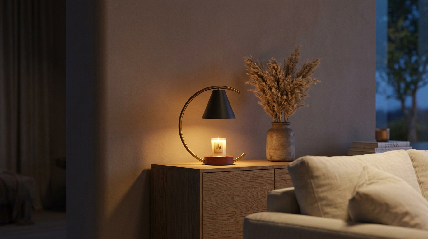 A Stillglow candle warmer lamp glowing on an oak sideboard in a softly lit living room at dusk